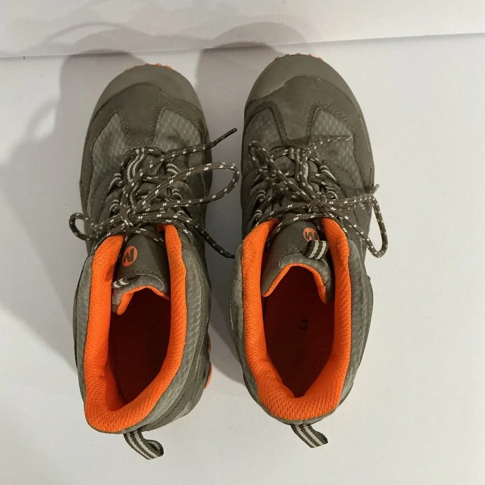 Merrell Chameleon Access Mid Kids Sz 4 Gray Orange Waterproof Hiking Boots